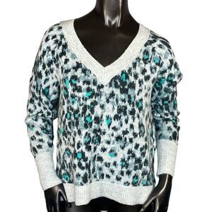 LOFT Leopard Print V-Neck Sweater Comfy Wool Blend Gray Green Women's Size XS